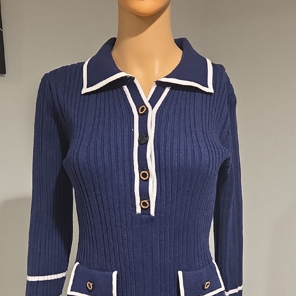 Chic Long Sleeve Navy Dress with White Trim - Picture 3 of 14